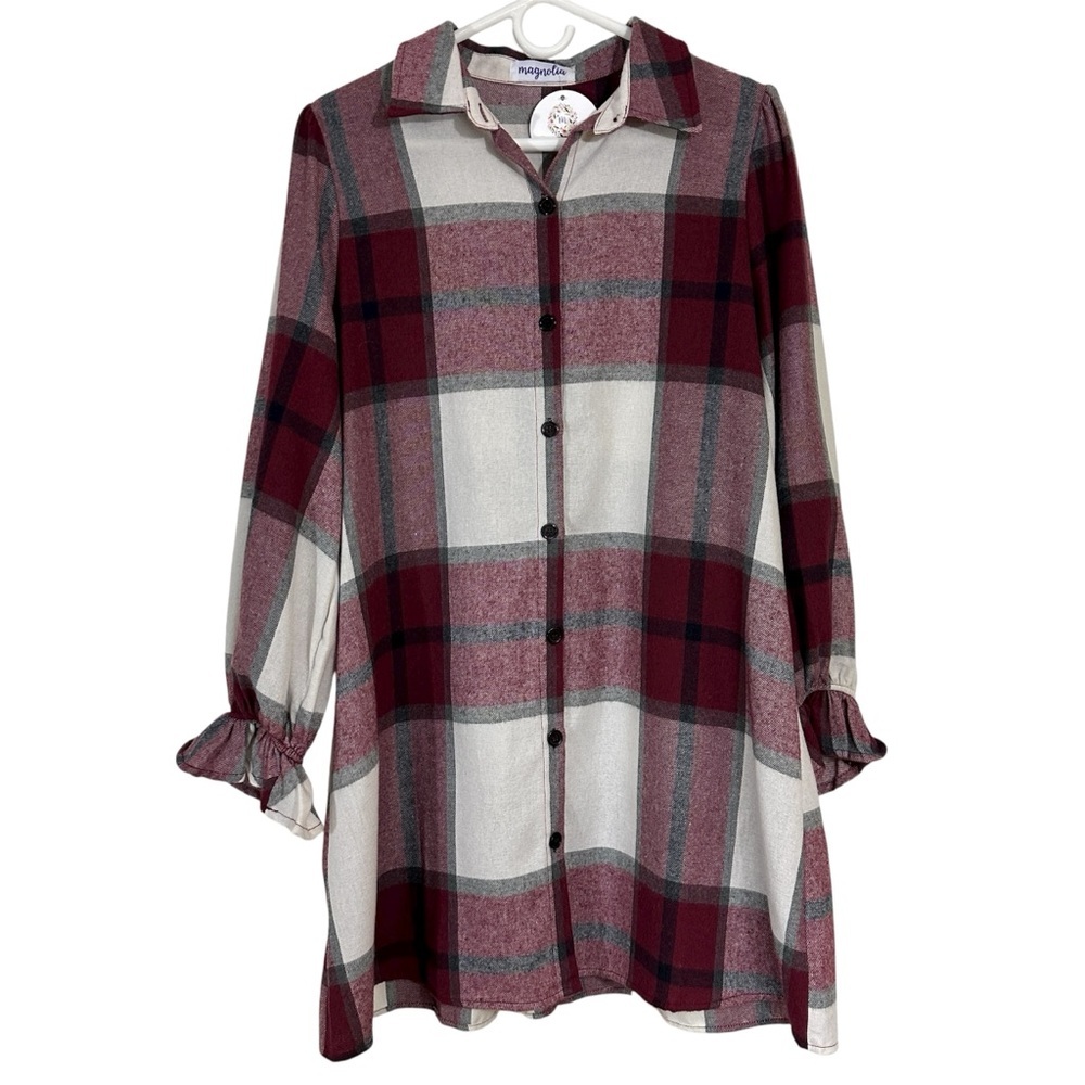 Magnolia Burgundy Plaid Ruffle Sleeve Shirt Dress